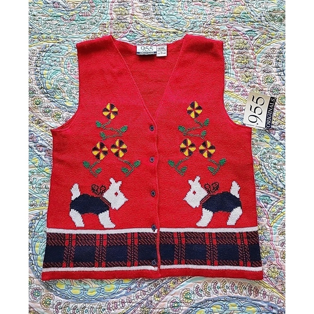 Vtg Scottie Dog Cardigan Vest Womens Size M Ugly Christmas Sweater Deadstock